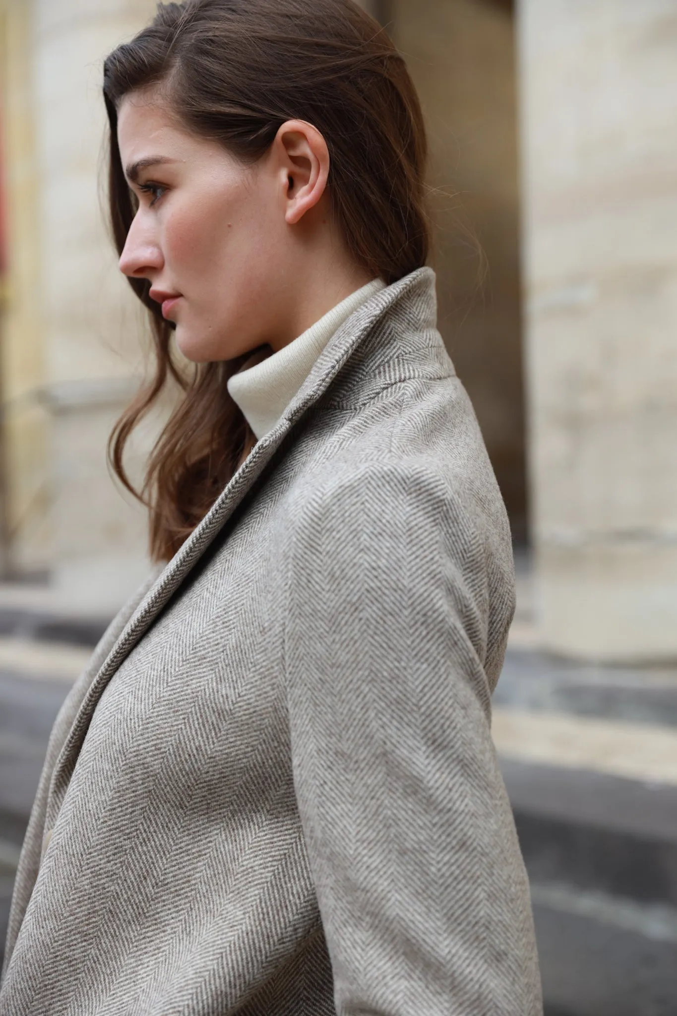 Manteau Léontine en Laine à chevron - Beige