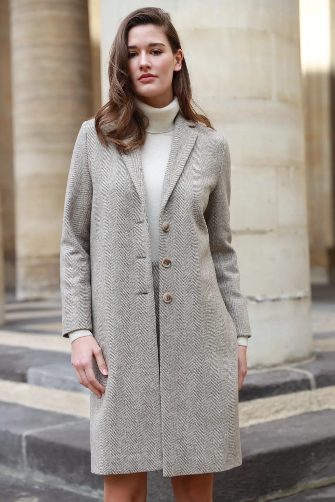 Manteau Léontine en Laine à chevron - Beige