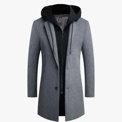 Manteau mi-long à double col et style chapeau amovible pour homme