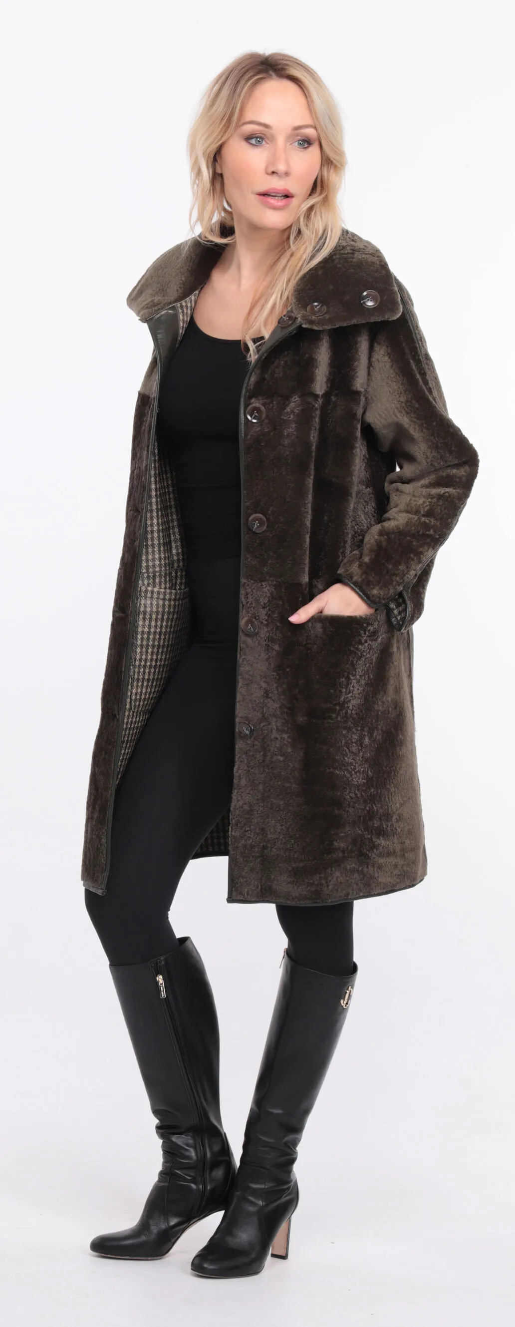 Manteau mouton femme réversible kaki