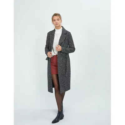 Manteau noir long et chiné avec ceinture I.Code