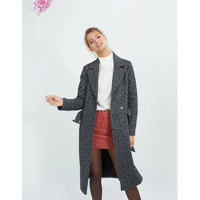 Manteau noir long et chiné avec ceinture I.Code