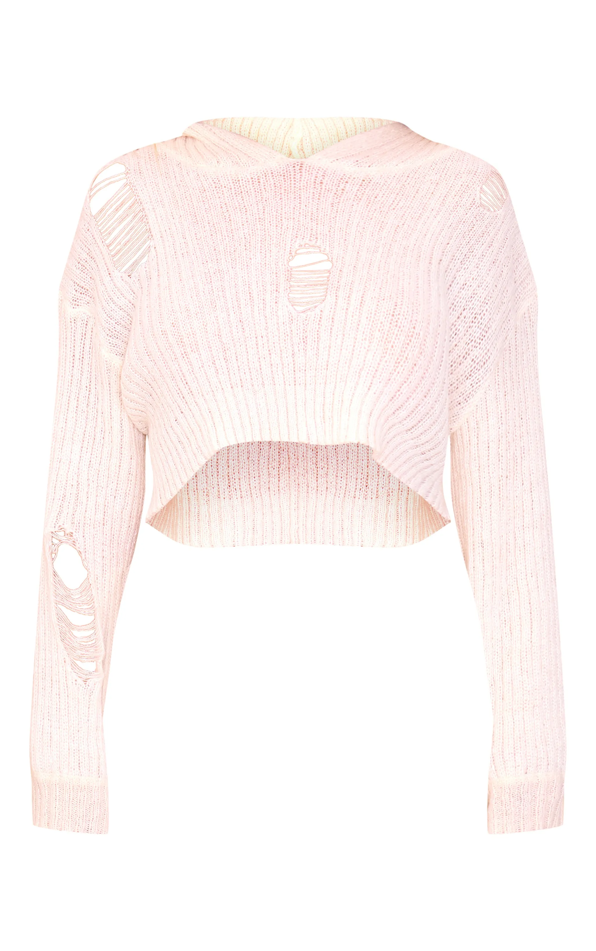 Petite Pull très court en maille tricot crème déchirée