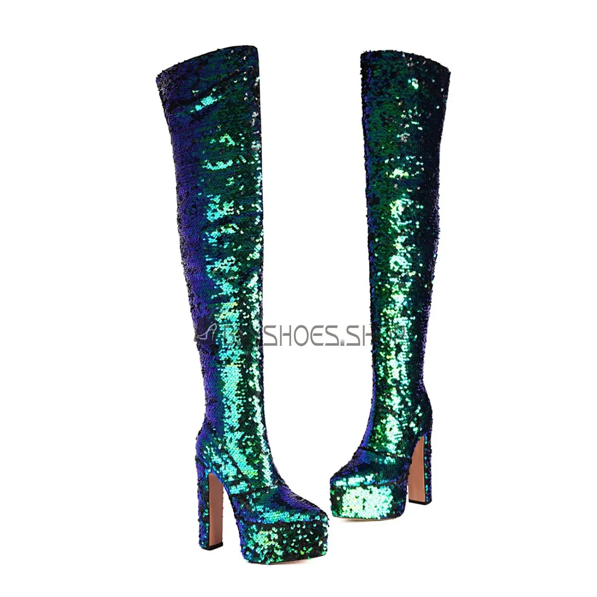 Pole Dance Fermeture Éclair Talon 15 cm Bottes Haute Femme Multicolore Talons Carrés Chaussure De Soirée Plateforme Paillettes D