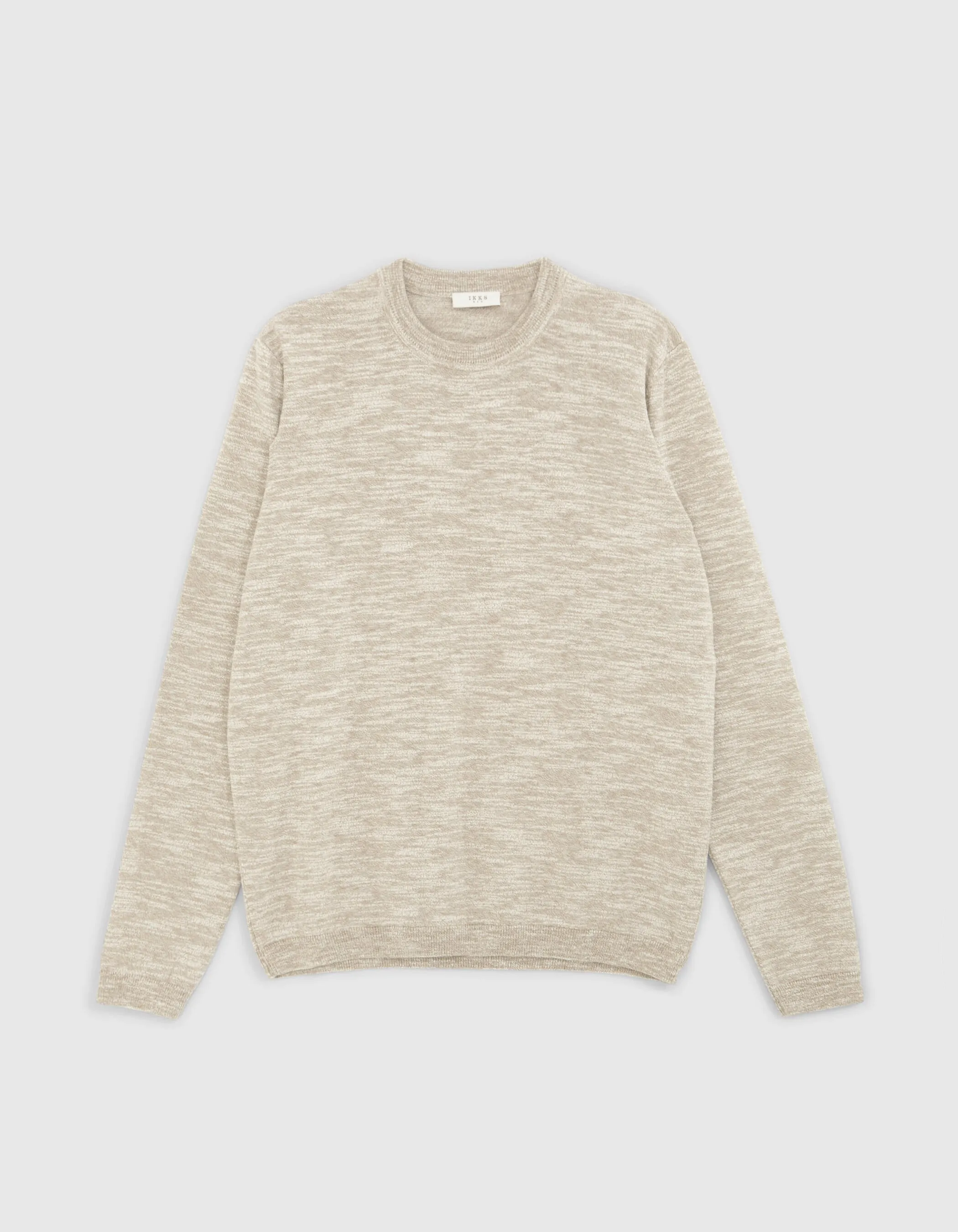 Pull beige tricot mouliné à col rond Homme