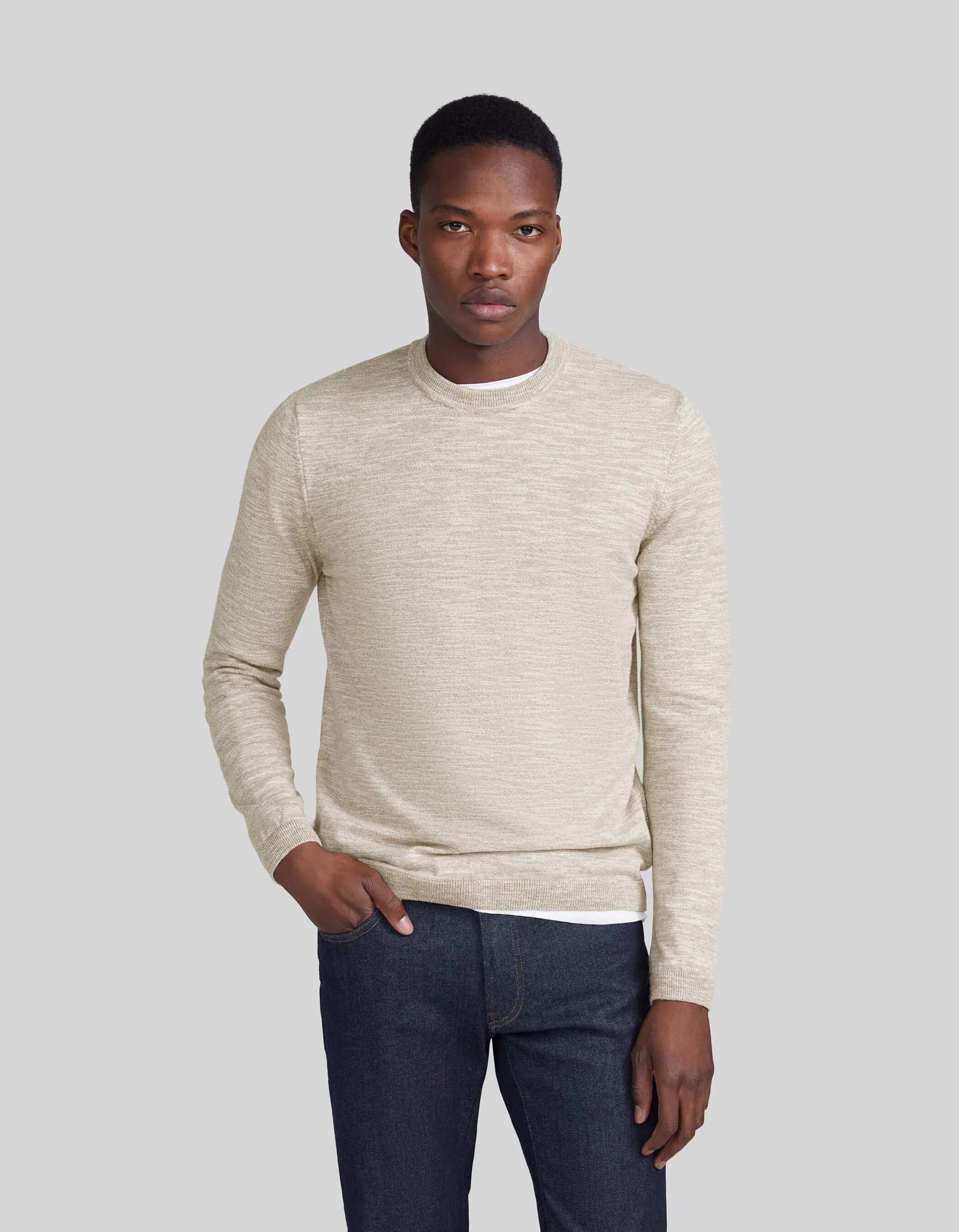 Pull beige tricot mouliné à col rond Homme