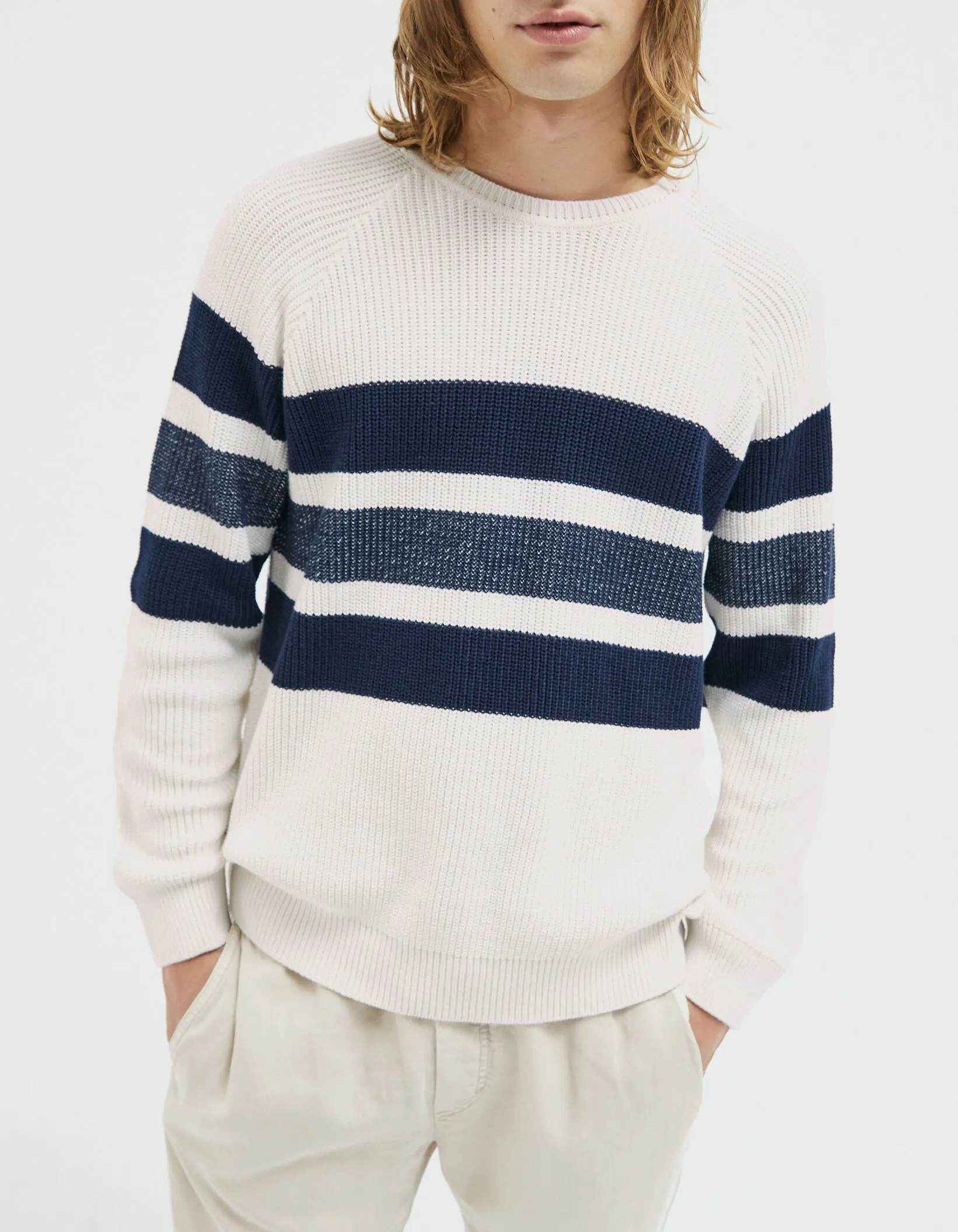 Pull blanc cassé tricot rayé marine Homme