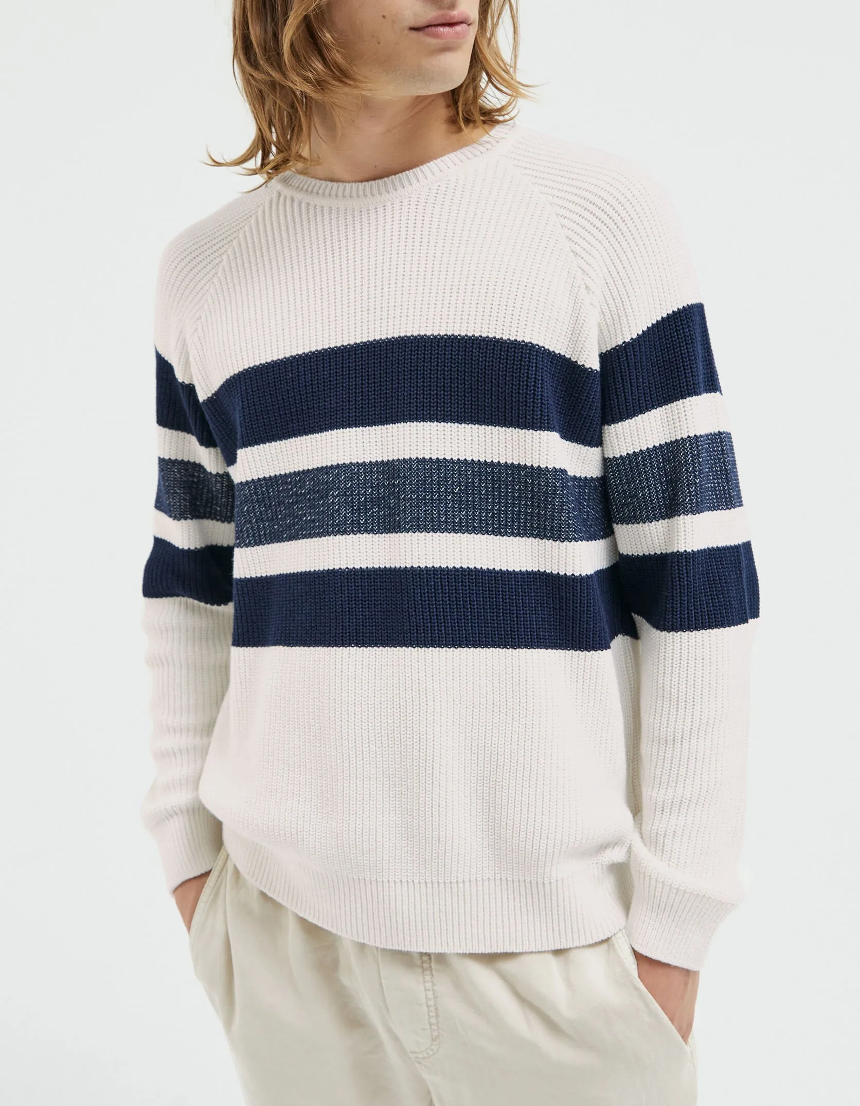 Pull blanc cassé tricot rayé marine Homme