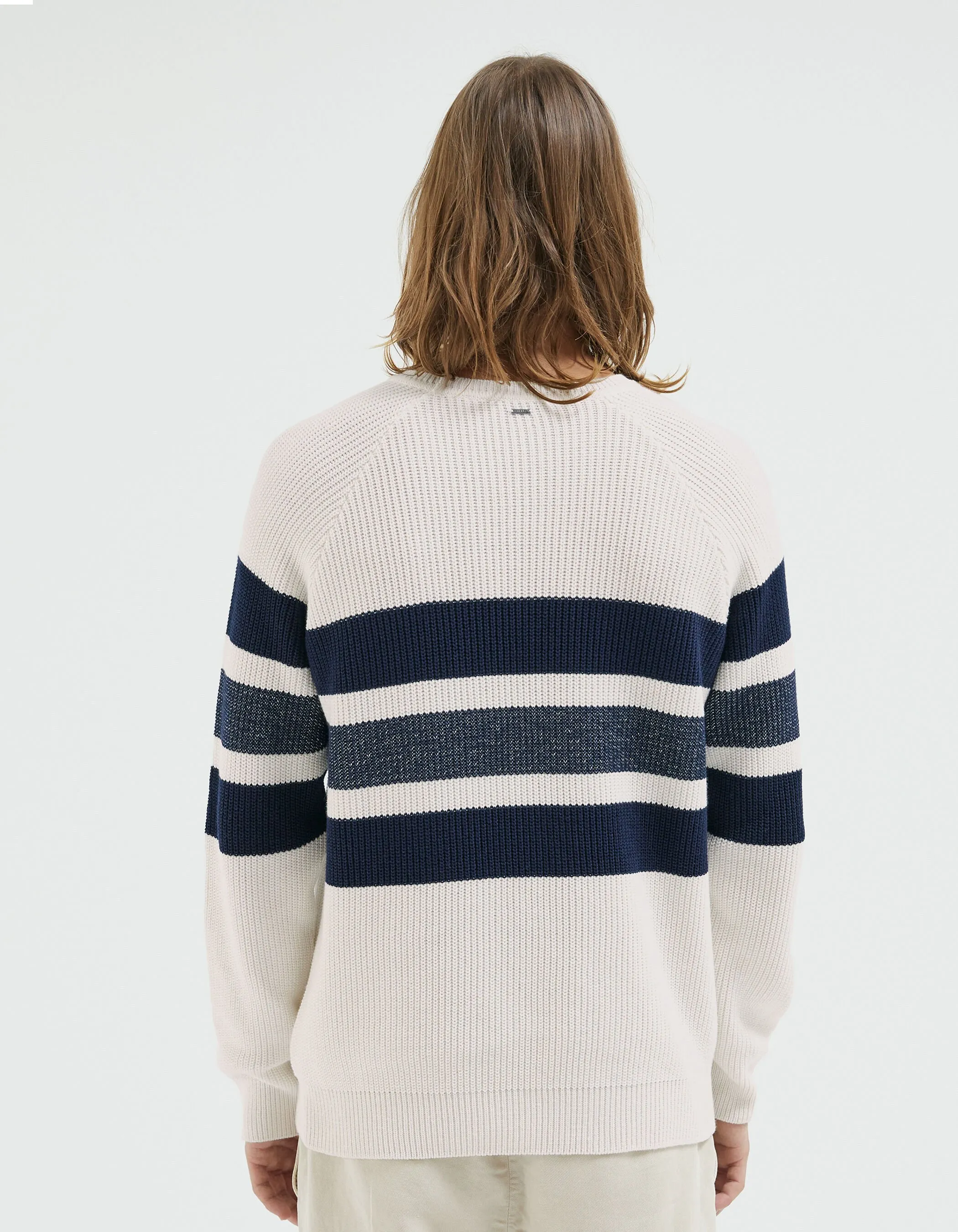 Pull blanc cassé tricot rayé marine Homme