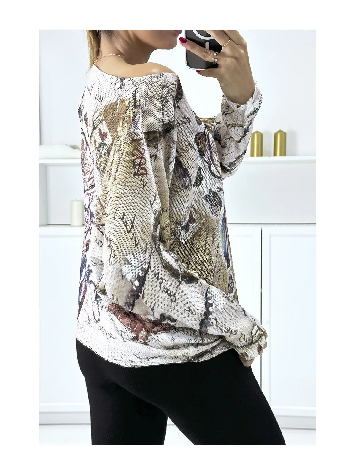 PuLL col bateau léger taupe avec jolie motif tendance