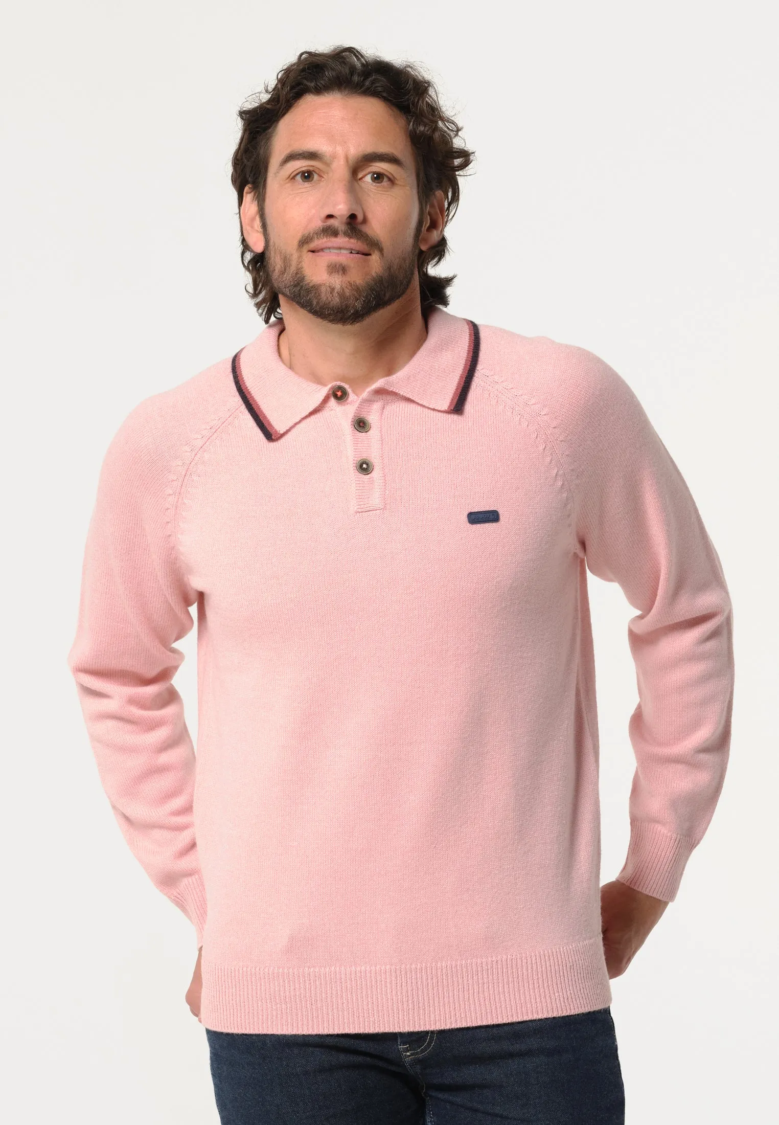 Pull homme rose avec col faon polo