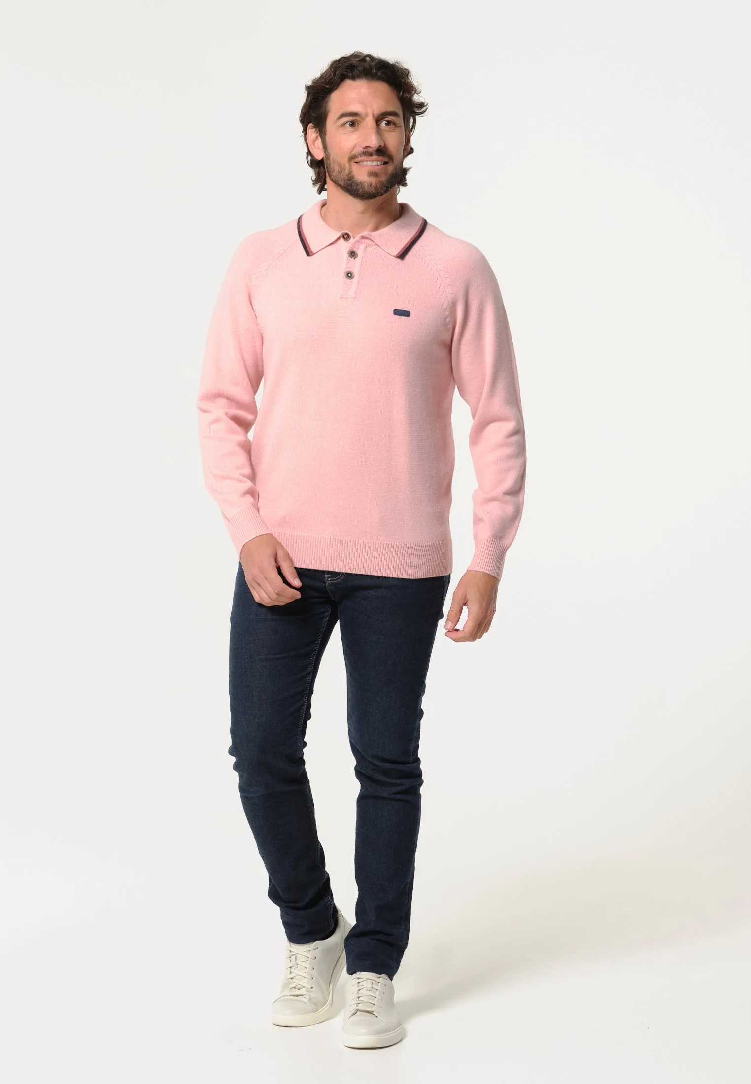 Pull homme rose avec col faon polo