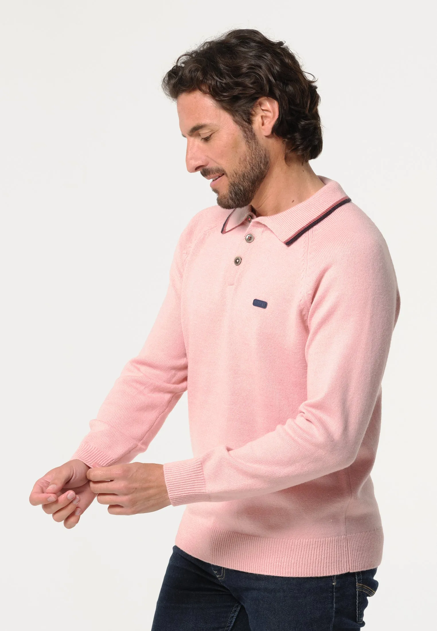 Pull homme rose avec col faon polo