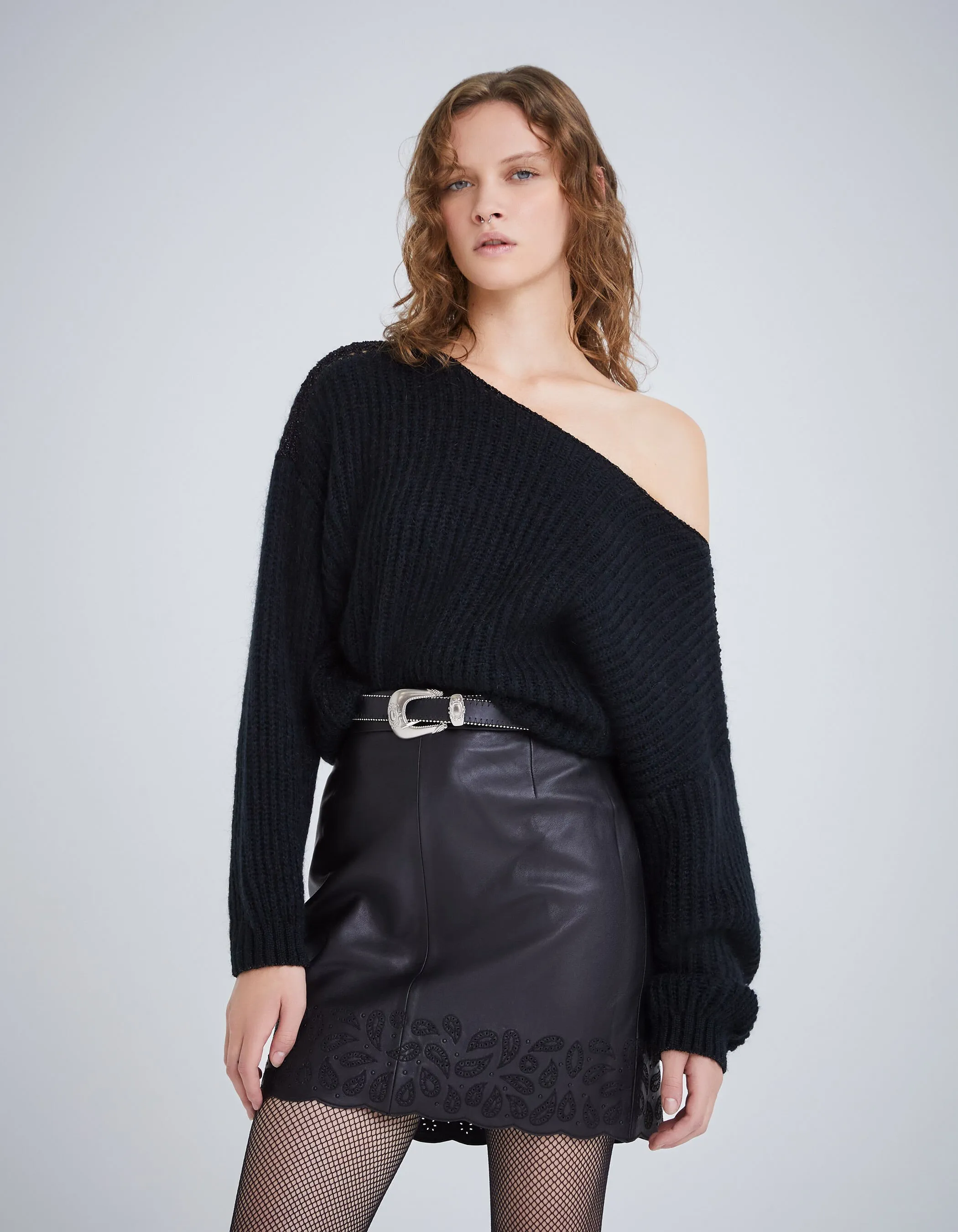 Pull noir tricot à côtes et détails lurex Femme