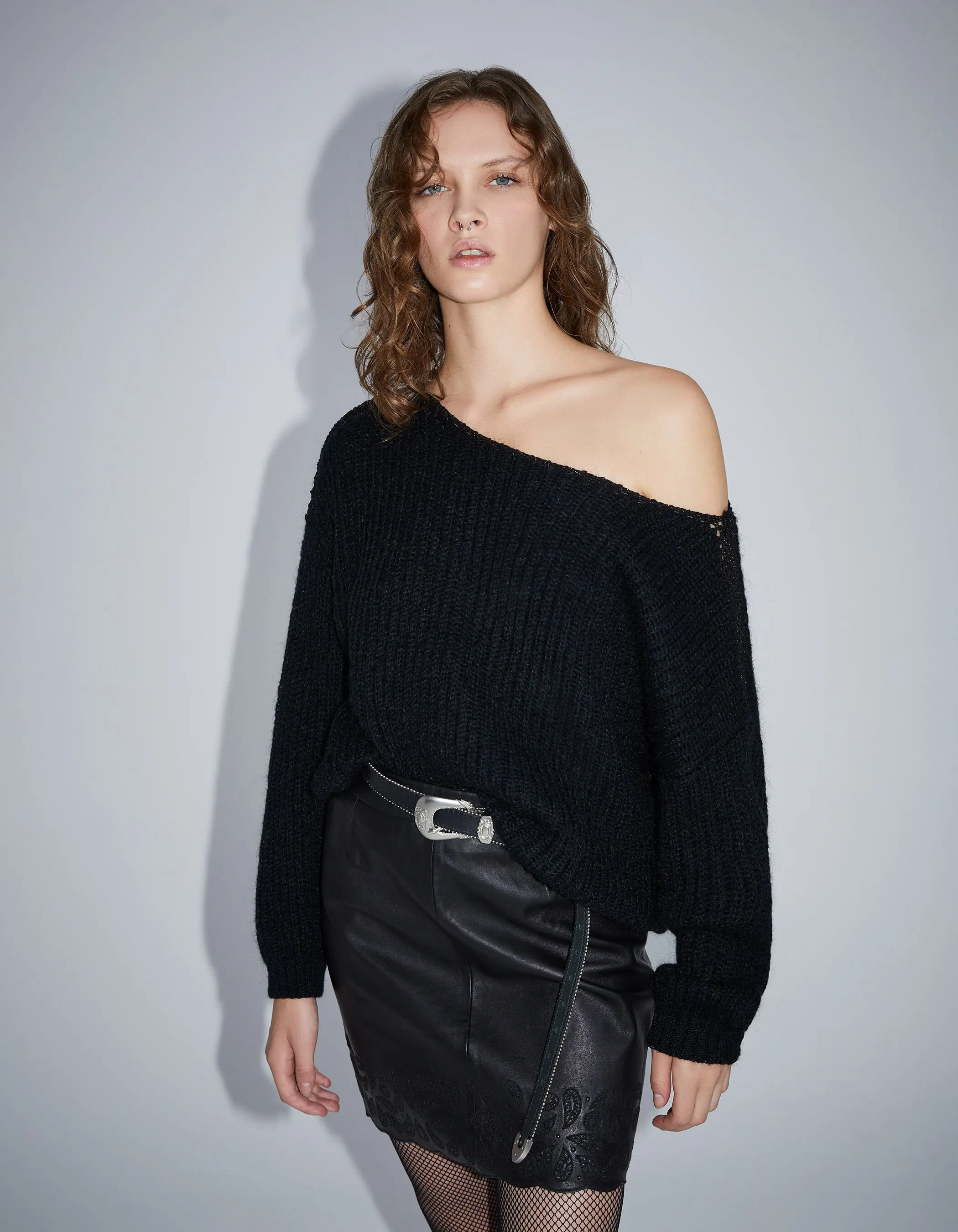 Pull noir tricot à côtes et détails lurex Femme