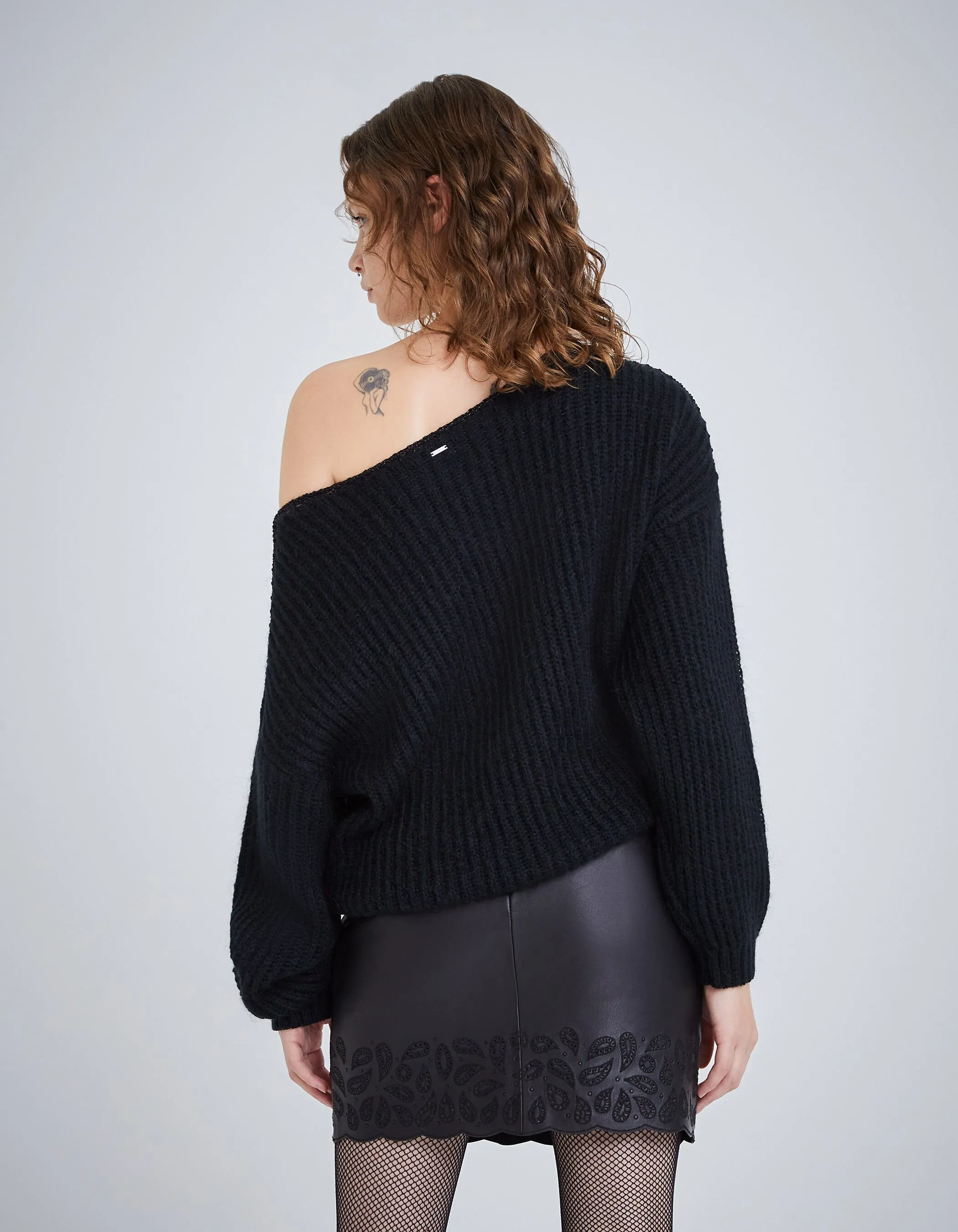 Pull noir tricot à côtes et détails lurex Femme