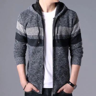 Pull à capuche épais rayures pour homme avec fourrure intérieure