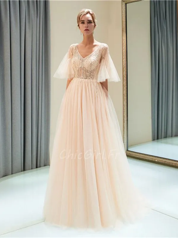 Robe De Bal Princesse Longue Champagne Tulle Perle Manche Volantée Haut Transparent