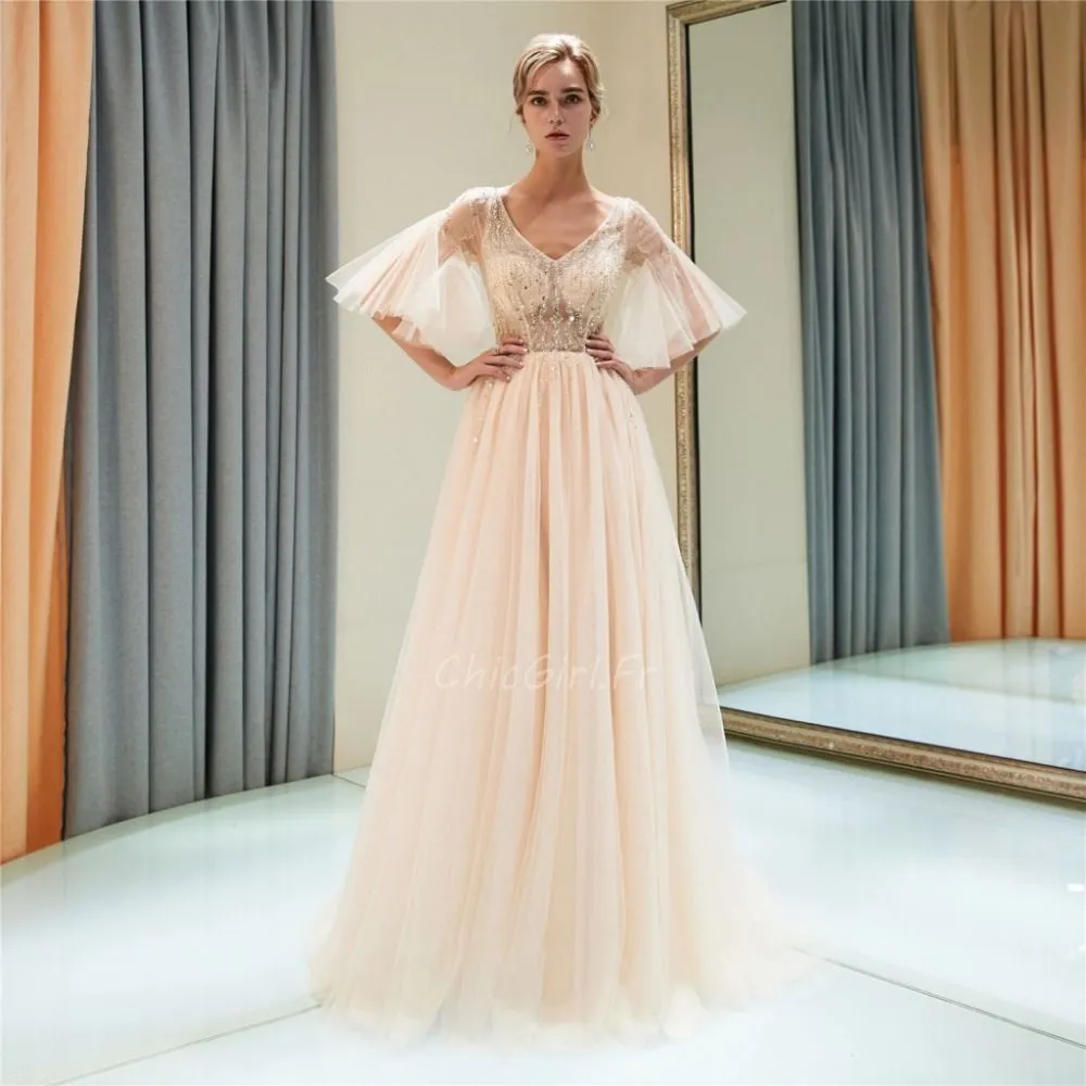 Robe De Bal Princesse Longue Champagne Tulle Perle Manche Volantée Haut Transparent