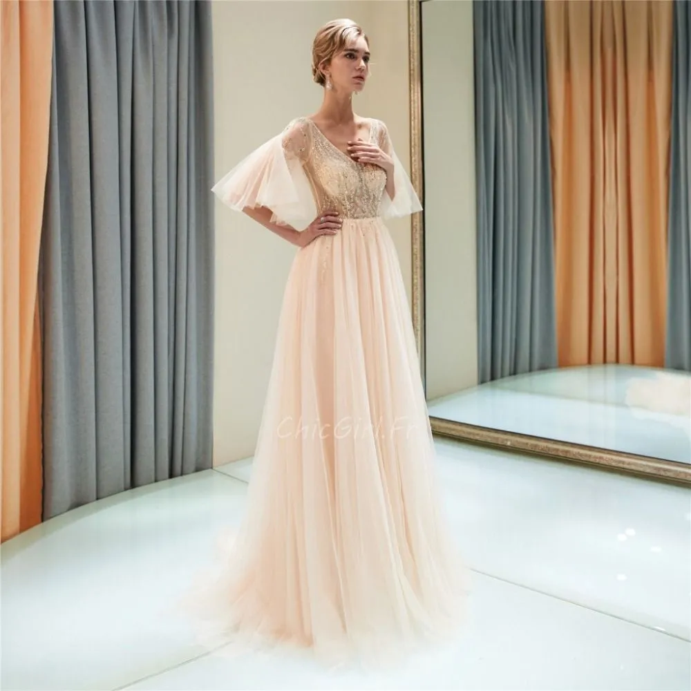 Robe De Bal Princesse Longue Champagne Tulle Perle Manche Volantée Haut Transparent