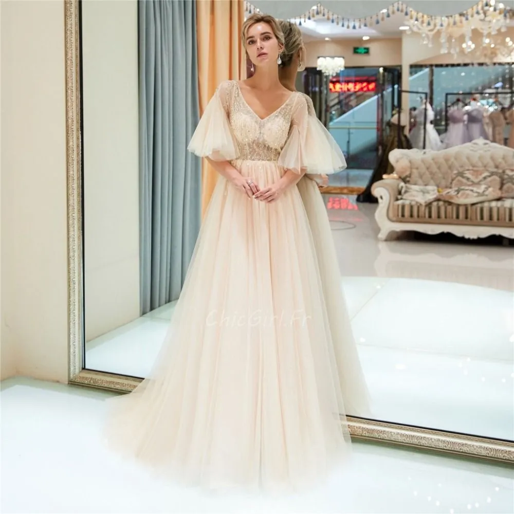 Robe De Bal Princesse Longue Champagne Tulle Perle Manche Volantée Haut Transparent