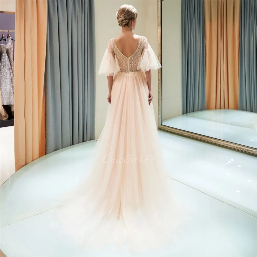 Robe De Bal Princesse Longue Champagne Tulle Perle Manche Volantée Haut Transparent