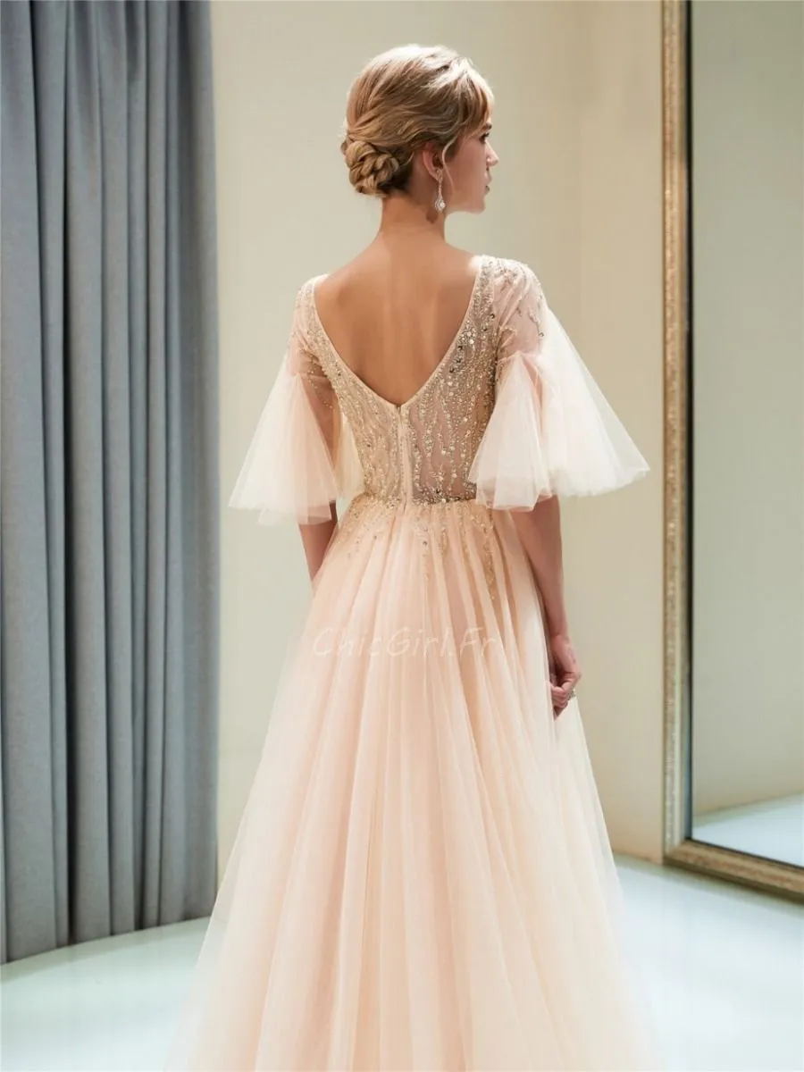 Robe De Bal Princesse Longue Champagne Tulle Perle Manche Volantée Haut Transparent