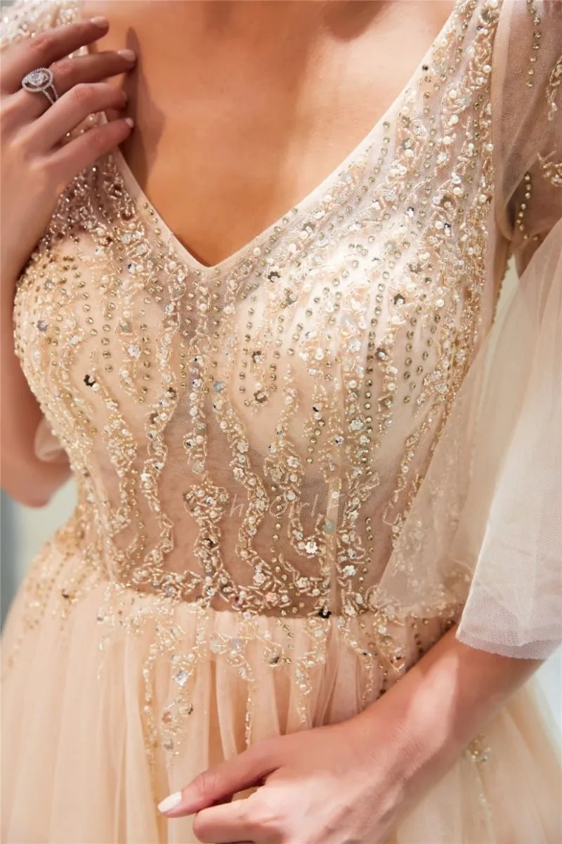 Robe De Bal Princesse Longue Champagne Tulle Perle Manche Volantée Haut Transparent