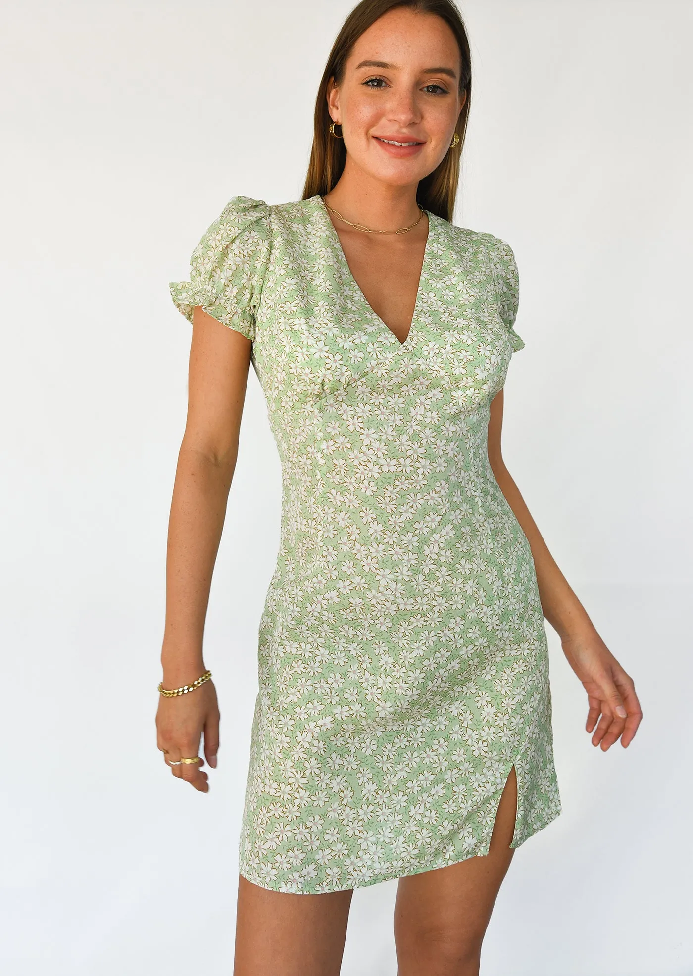 Robe imprimée fleurie vert avec fente