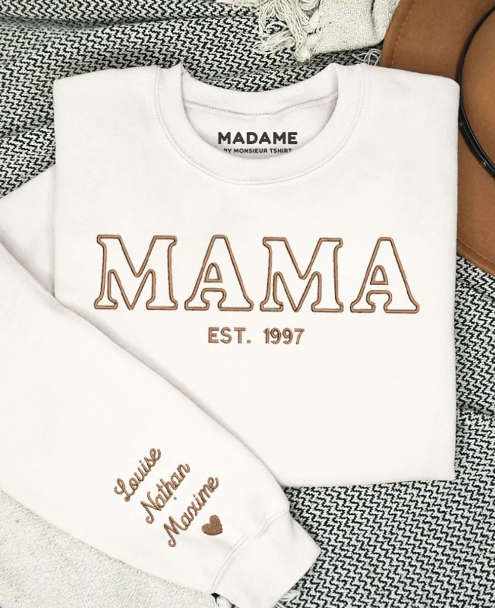 Sweatshirt femme Mama et prénoms des enfants sur la manche