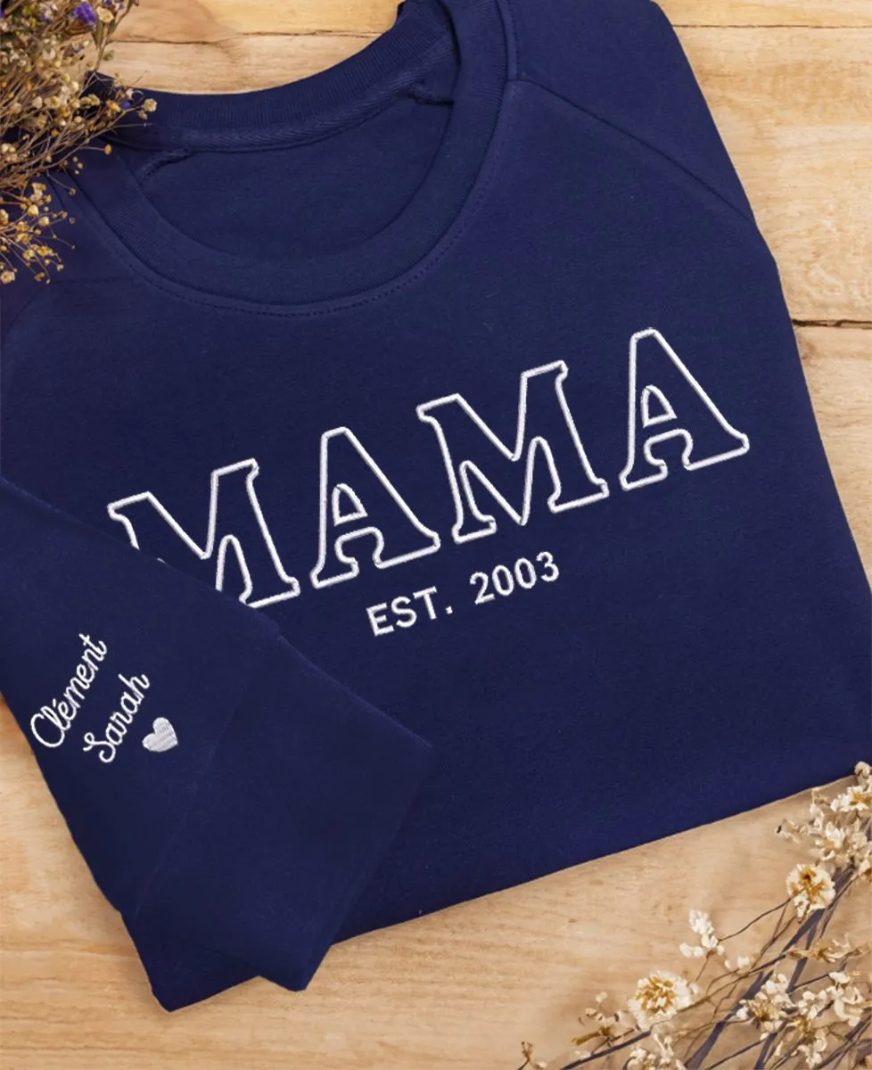 Sweatshirt femme Mama et prénoms des enfants sur la manche