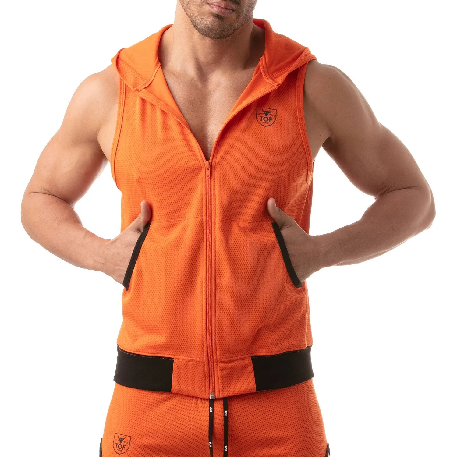 Veste à capuche sans manche Mesh - orange - TOF Paris : vente veste...